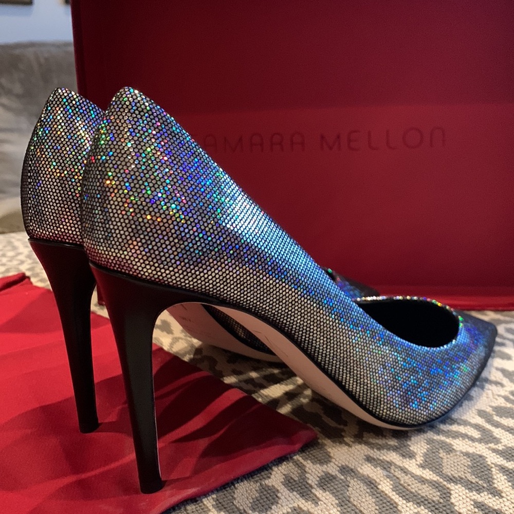 TAMARA MELLON LIMELIGHT DISCO BALL LEATHER PUMPS W/ CONTRASTING BLACK HEEL 8.5